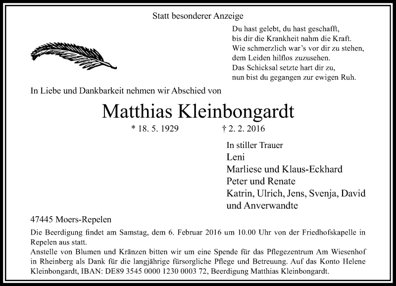  Traueranzeige für Matthias Kleinbongardt vom 04.02.2016 aus Rheinische Post