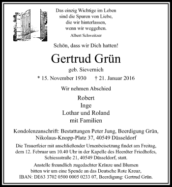 Traueranzeige von Gertrud Grün von Rheinische Post