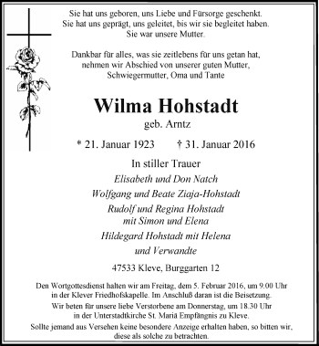 Traueranzeige von Wilma Hohstadt von Rheinische Post