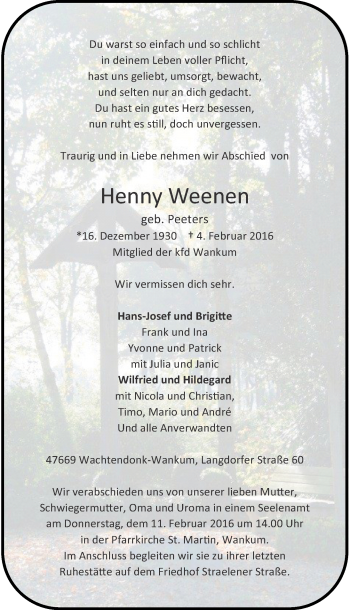 Traueranzeige von Henny Weenen von Rheinische Post