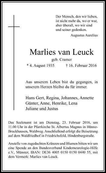 Traueranzeige von Marlies van Leuck von Rheinische Post