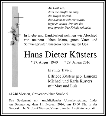 Traueranzeige von Hans Dieter Küsters von Rheinische Post