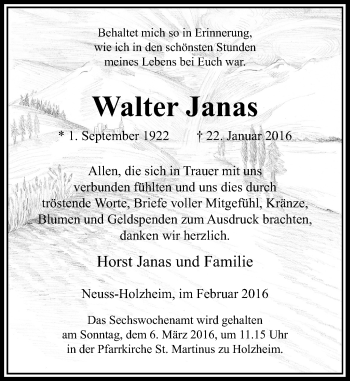 Traueranzeige von Walter Janas von Rheinische Post