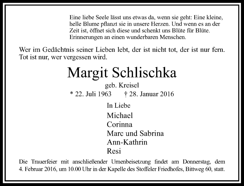  Traueranzeige für Margit Schlischka vom 03.02.2016 aus Rheinische Post