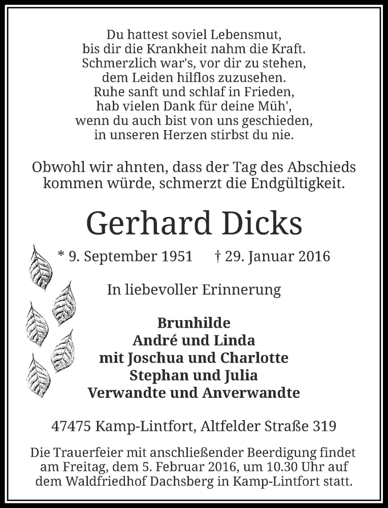  Traueranzeige für Gerhard Dicks vom 01.02.2016 aus Rheinische Post