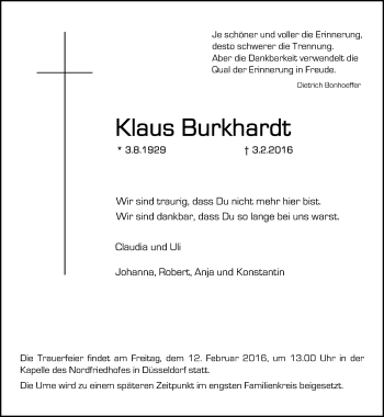 Traueranzeige von Klaus Burkhardt von Rheinische Post