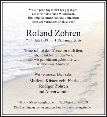 Traueranzeige von Roland Zohren von Rheinische Post