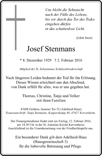 Traueranzeige von Josef Stenmans von Rheinische Post