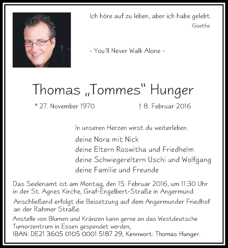  Traueranzeige für Thomas Hunger vom 13.02.2016 aus Rheinische Post