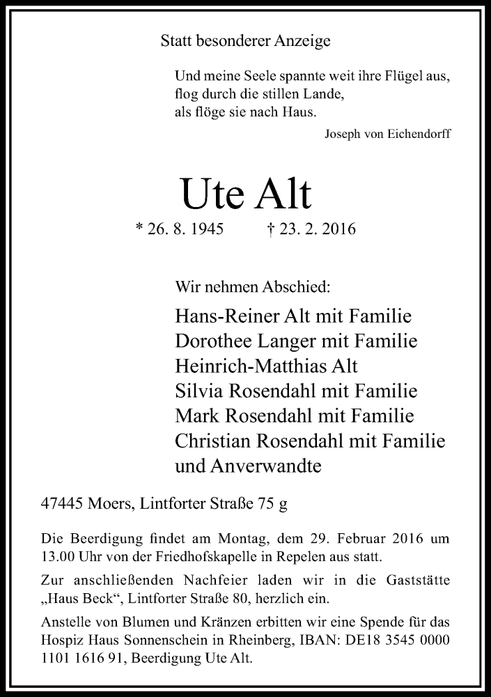  Traueranzeige für Ute Alt vom 27.02.2016 aus Rheinische Post
