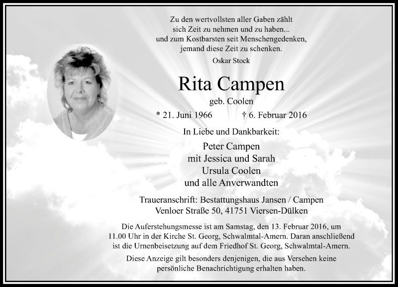  Traueranzeige für Rita Campen vom 10.02.2016 aus Rheinische Post