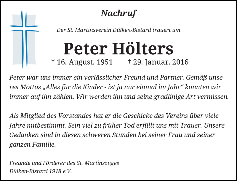  Traueranzeige für Peter Hölters vom 20.02.2016 aus Rheinische Post