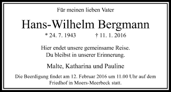 Traueranzeige von Hans-Wilhelm Bergmann von Rheinische Post