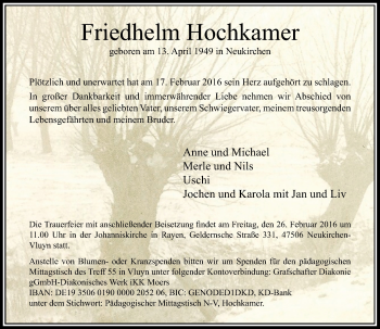 Traueranzeige von Friedhelm Hochkamer von Rheinische Post