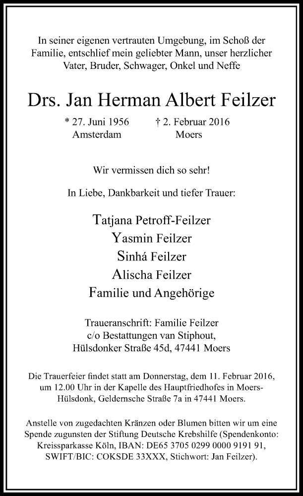 Traueranzeige für Jan Herman Albert Feilzer vom 06.02.2016 aus Rheinische Post