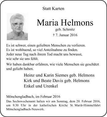 Traueranzeige von Maria Helmons von Rheinische Post
