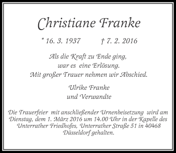 Traueranzeige von Christiane Franke von Rheinische Post