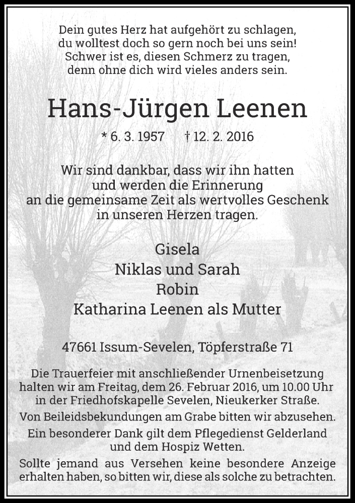  Traueranzeige für Hans-Jürgen Leenen vom 20.02.2016 aus Rheinische Post