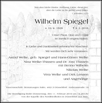 Traueranzeige von Wilhelm Spiegel von Rheinische Post