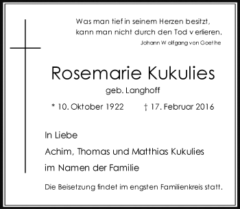 Traueranzeige von Rosemarie Kukulies von Rheinische Post