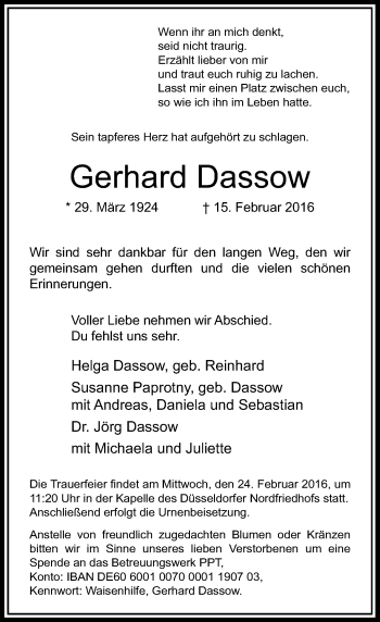 Traueranzeige von Gerhard Dassow von Rheinische Post