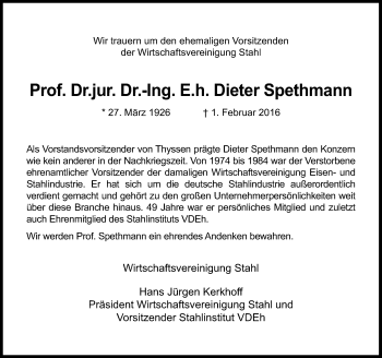 Traueranzeige von Dieter Spethmann von Rheinische Post