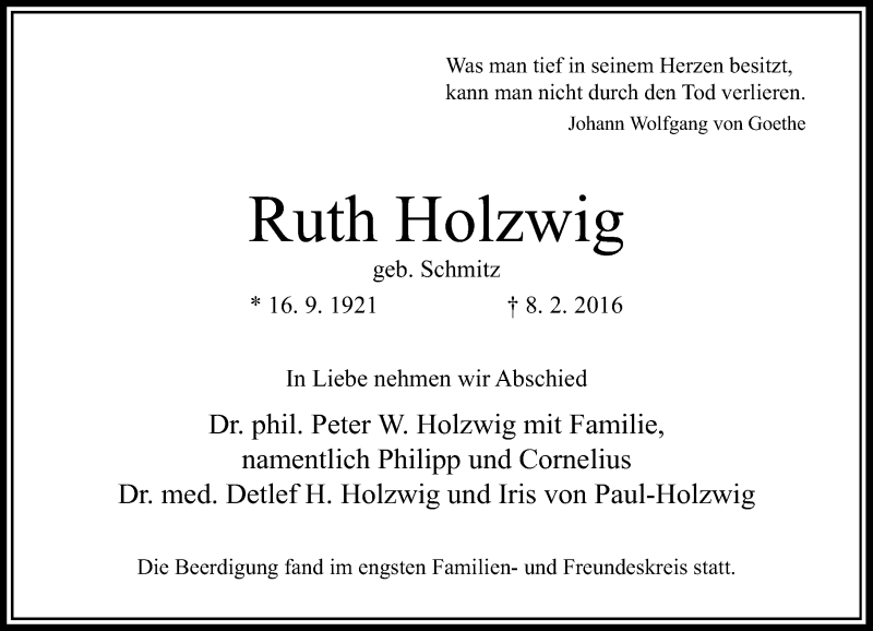  Traueranzeige für Ruth Holzwig vom 20.02.2016 aus Rheinische Post