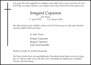 Traueranzeige von Irmgard Ceynowa von Rheinische Post
