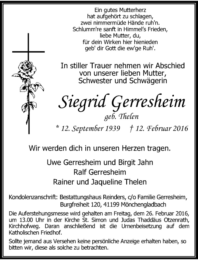  Traueranzeige für Siegrid Gerresheim vom 20.02.2016 aus Rheinische Post