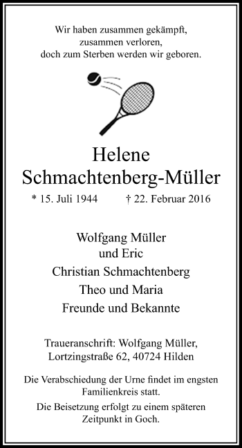 Traueranzeige von Helene Schmachtenberg-Müller von Rheinische Post