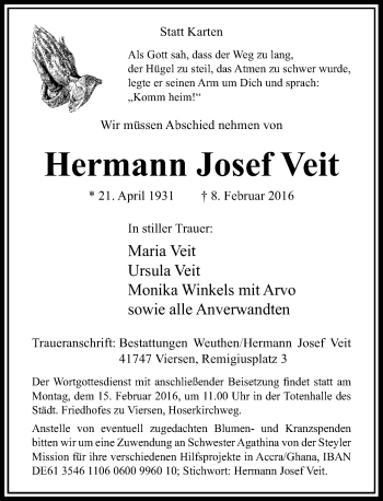 Traueranzeige von Hermann Josef Veit von Rheinische Post