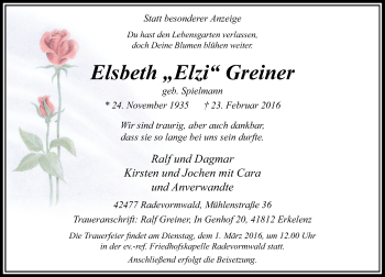 Traueranzeige von Elsbeth Greiner von Rheinische Post