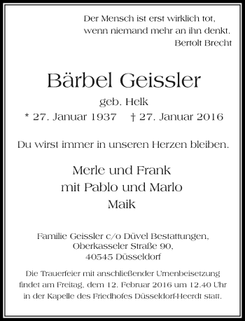 Traueranzeige von Bärbel Geissler von Rheinische Post