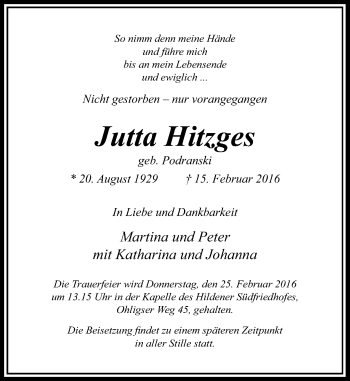 Traueranzeige von Jutta Hitzges von Rheinische Post