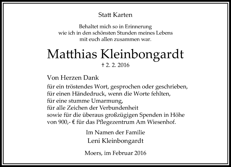  Traueranzeige für Matthias Kleinbongardt vom 18.02.2016 aus Rheinische Post