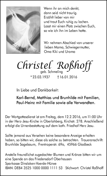 Traueranzeige von Christel Roßhoff von Rheinische Post