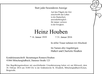 Traueranzeige von Heinz Houben von Rheinische Post