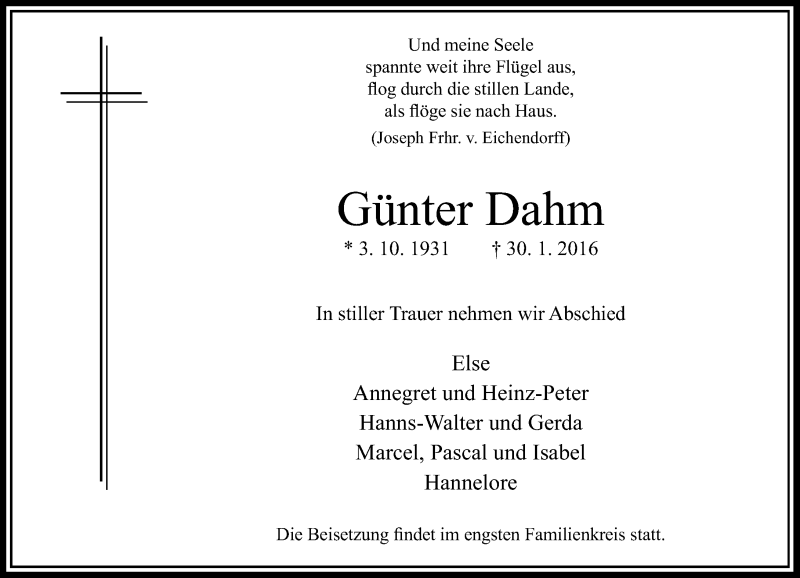  Traueranzeige für Günter Dahm vom 06.02.2016 aus Rheinische Post