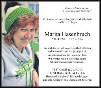 Traueranzeige von Marita Hasenbruch von Rheinische Post