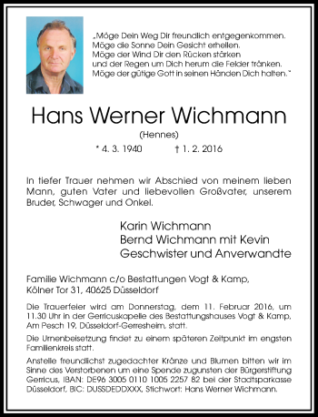 Traueranzeige von Hans Werner Wichmann von Rheinische Post
