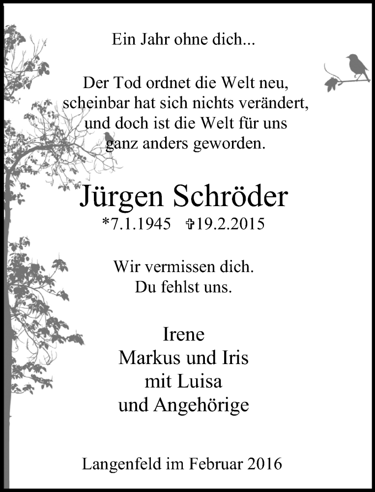  Traueranzeige für Jürgen Schröder vom 19.02.2016 aus Rheinische Post