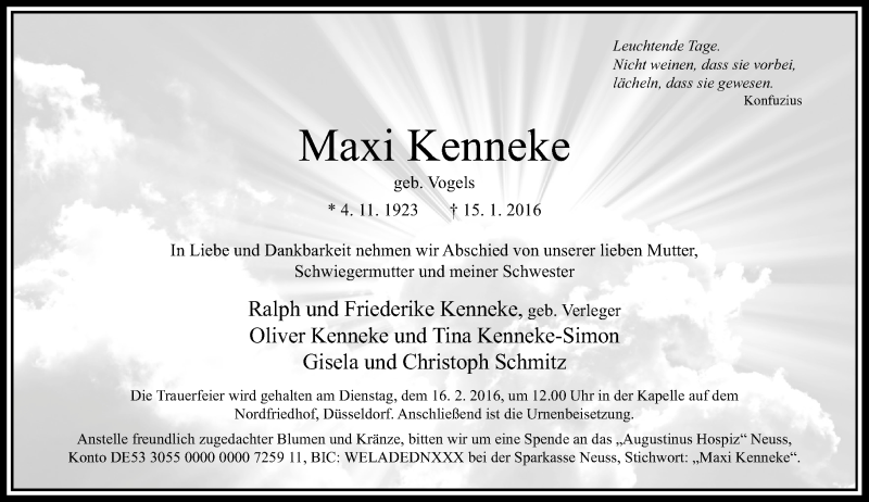  Traueranzeige für Maxi Kenneke vom 06.02.2016 aus Rheinische Post