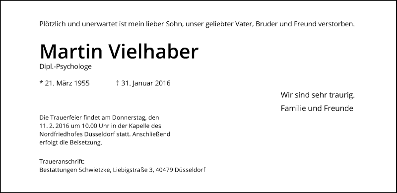  Traueranzeige für Martin Vielhaber vom 06.02.2016 aus Rheinische Post