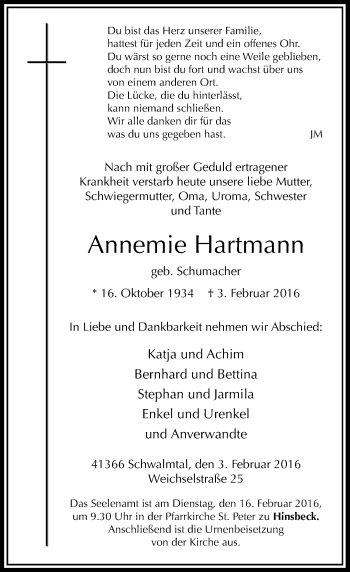 Traueranzeige von Annemie Hartmann von Rheinische Post