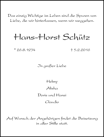 Traueranzeige von Hans-Horst Schütz von Rheinische Post