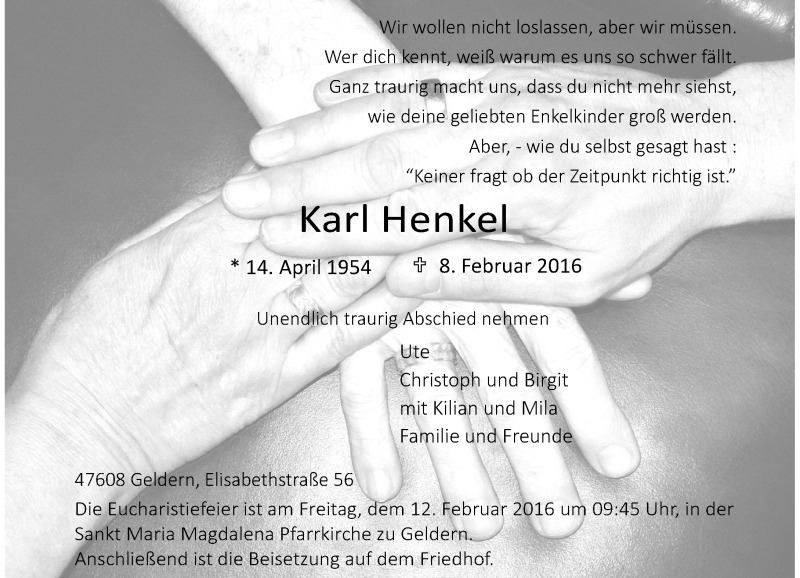  Traueranzeige für Karl Henkel vom 09.02.2016 aus Rheinische Post