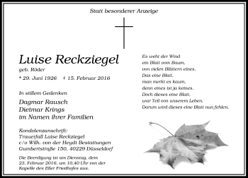 Traueranzeige von Luise Reckziegel von Rheinische Post