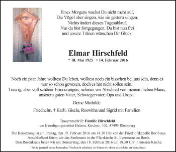 Traueranzeige von Elmar Hirschfeld von Rheinische Post