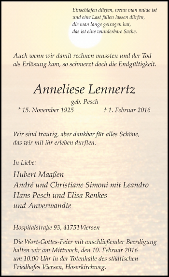 Traueranzeige von Anneliese Lennertz von Rheinische Post