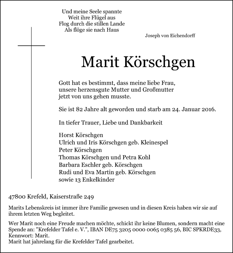  Traueranzeige für Marit Körschgen vom 06.02.2016 aus Rheinische Post